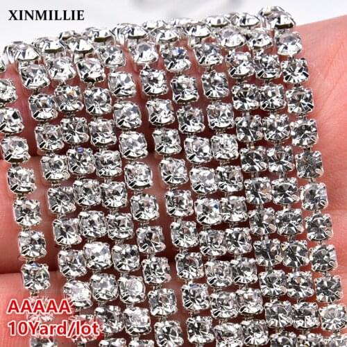 10yards/Lot AAAAA High Quality Glas Rhinestone Fringe Chain Clear Crystal AB With Silver/Gold Metal Base Trim Sewing SS6-SS28