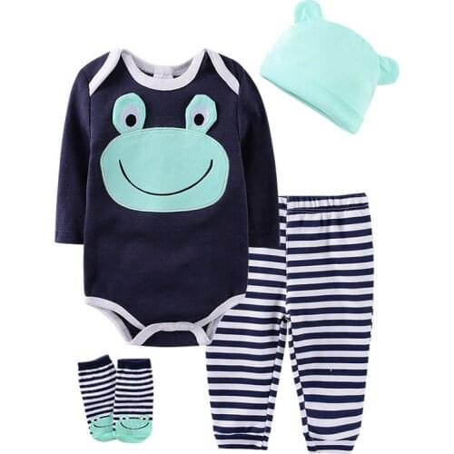 4Pcs Baby Boys Girls Cartoon Clothes Set Cute Cat Frog Dog Bear Cotton Warm Romper+Ears Hat+Pants+Socks Toddler Winter Clothing