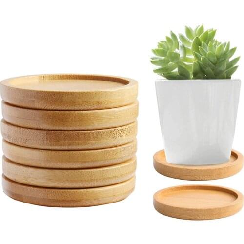 6pcs/set Bamboo Flowerpot Tray Round Bamboo Tray Garden Basin Suitable For Home And Office Decoration