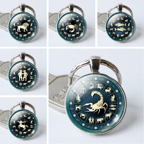 12 Constellation Jewelry Women Men Leo Virgo Key Chains Zodiac Signs Scorpio Keychain Key Rings Bag Car Round Pendant Man Woman