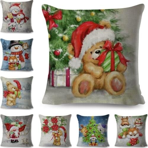 Merry Christmas Santa Claus Cushion Cover Decor Cute Cartoon Animal Bear Pillow Case Linen Pillowcase for Children Room Sofa