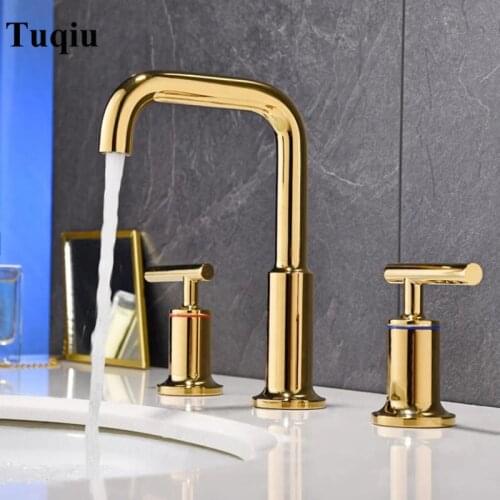 Basin Faucets Polished gold North American style Bathroom Sink Faucet widespread 3 Hole Bathroom basin Mixer Matte Gold Finish