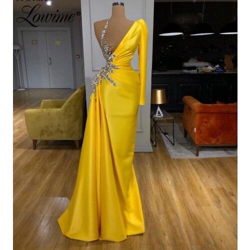 Lowime Yellow Mermaid Evening Dresses One Shoulder Beading Crystals Long Party Dress Robe De Soiree Arabic Prom Gowns Dubai Gown