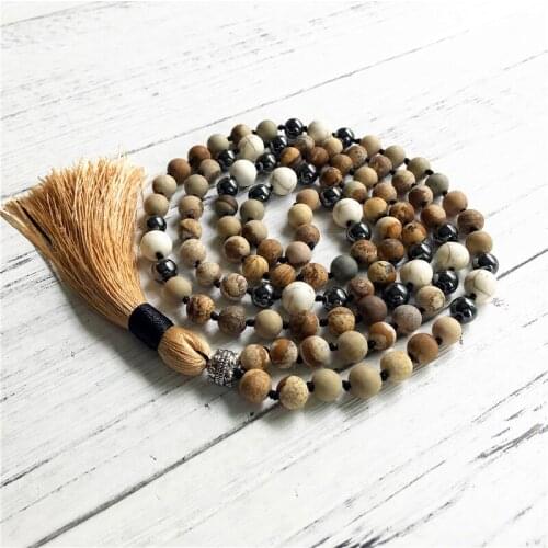 Matte Picture Jaspers Necklace Hand Knotted Prayer Necklaces White Turquoises & Hematite Jewelry Yoga Mala Tassel Necklace