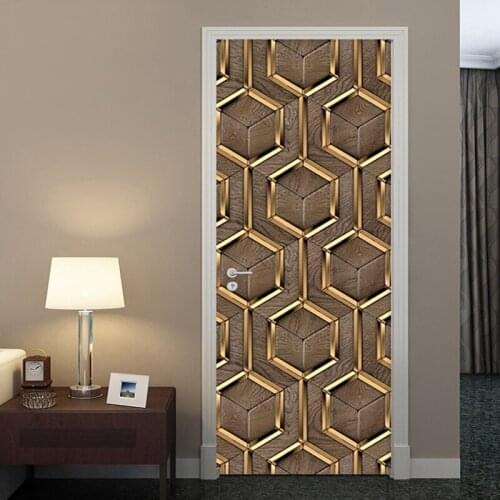 Door Sticker 3D Stereo Golden Geometric Mural Decal Modern Abstract Art Wallpaper Living Room Home Decor Door Poster PVC Sticker