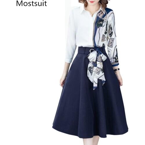 2020 Autumn Office Two Piece Sets Outfits Women Plus Size Printed Patchwork Shirt And Pleated Long Skirt Suits Elegant Fashion