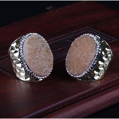 Natural Rough Oval Khaki Druzy Stone Bead Charm Pave Rhinestone Wide Wrap Hammered Resizable Gold Open Ring cuff Women Jewelry
