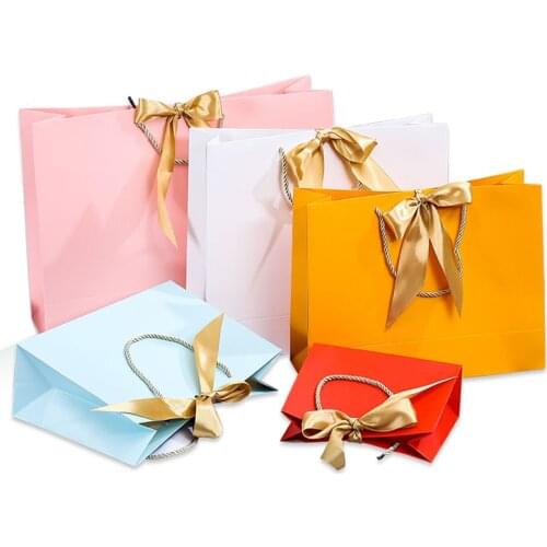 Solid Paper Package With Ribbon And Handles Handbags Printed Garment Drawstring Gift Bags Shopping Packaging Cosmetic
