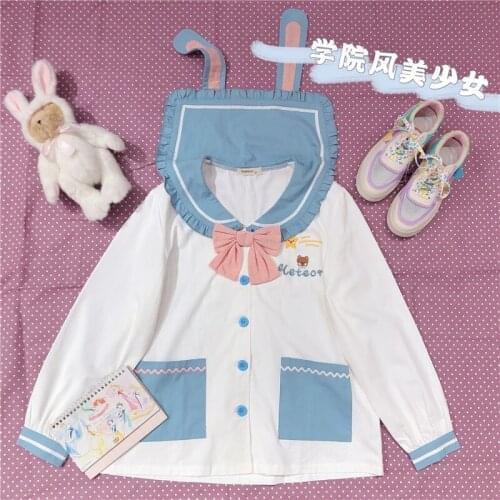 Japanese Women Long Sleeve Coat Bunny Ears Doll Collar Bowknot Splicing Contrast Cartoon Print Sweet Kawaii Lolita Dress