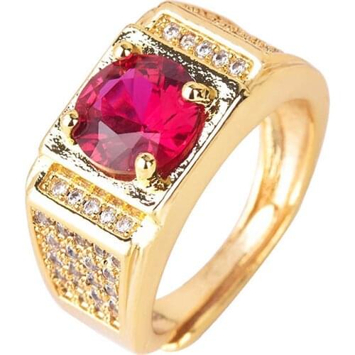 Luxury Red Crystal Ruby Gemstones Diamonds Rings For Men Gold Color Fashion Jewelry Bague Band Masculine Party Accessories Gifts