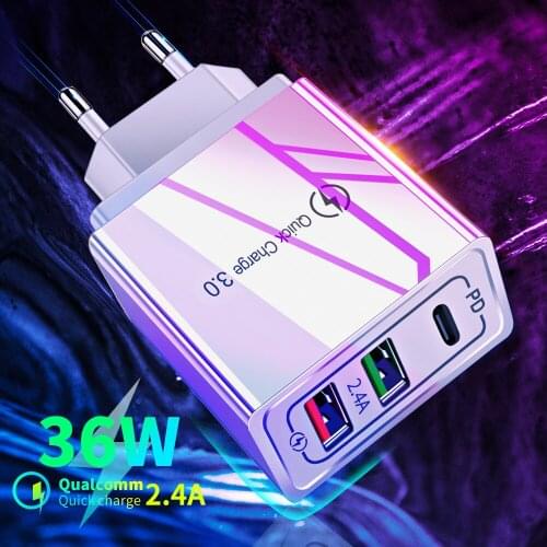 PD 36W Charger Plug QC 3.0 USB Type C Fast Charging Adapter For iPhone 12 Huawei Xiaomi Mobile Phone Travel Charger EU US plug