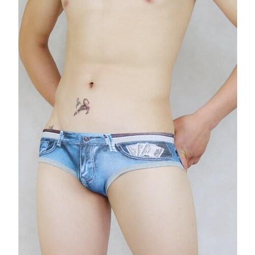 Richkeda Store New 2021 Mens Cotton Briefs Gey Man Sexy Low Rise Brand Underwear Short Trunks Hot Sell Jeans Print Fashion