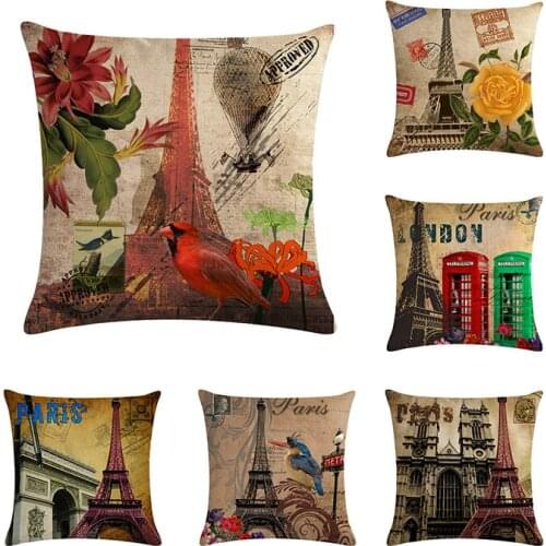 Paris Vintage Decorative Pillow Covers Flowers Tower Cushion Cover Sofa Home Car Home Decor Bird Flower Throw Pillow Cover