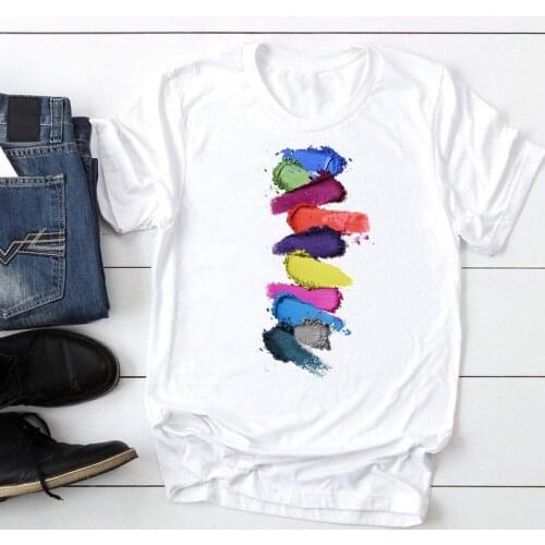 Women Make Up 2021 Striped New Short Sleeve Fashion Cartoon Summer Lady Print Tee Graphic T Top Female Tshirts Clothes T-Shirt