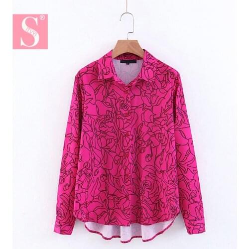 STVY 2020 Spring Women Fuchsia Fower Printed Blouse 2019 Spring Autumn Womens Shirt Long-sleeve Clothing Femme Blusas Shirts