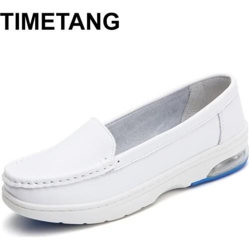 TIMETAN Cowhide Platform Women Shoes White Nurse Shoes Sneakers Woman Flats Wedge Slip On Lady Loafers Non-slip Air Cushion