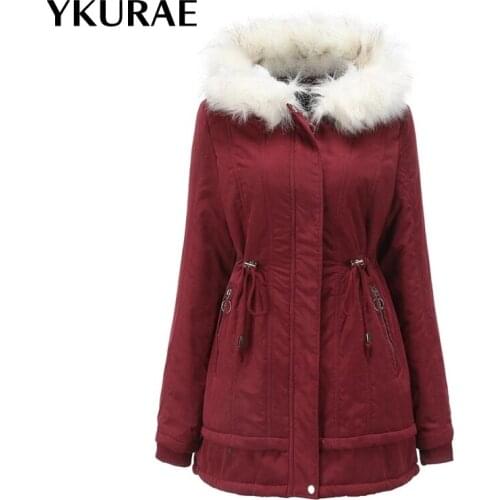 Women Jackets Warm Winter Coats Fleece Snow Wear Fashion Fur Collar Cotton Clothes Solid Hooded Female Jacket Casual Coats FL129