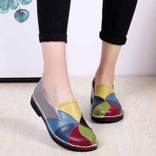 2021 New Womens Ladies Female Woman Mother Shoes Flats Genuine Leather Loafers Mixed Colorful Non Slip On Plus Size 35-44