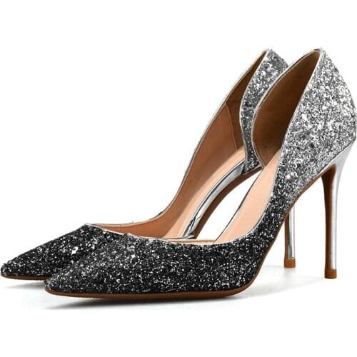 Big Size 34-43 Woman Shoes Sequin High Heels Women Pumps Stiletto Womens Work Shoe Pointed Toe Wedding Shoes H0020