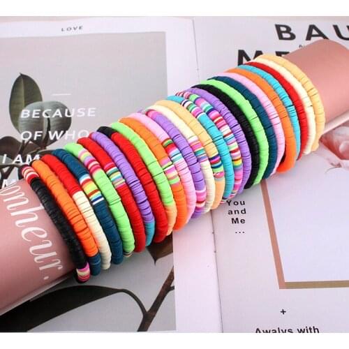 Boho Colorful Boho Polymer Clay Bracelet for Women Adjustable Elastic Soft Pottery Female Bracelet Summer Beach Jewelry E34