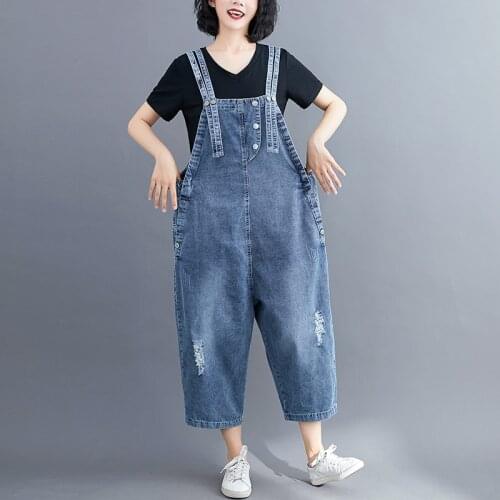 Loose Oversized Jeans Overalls For Women Wide Leg Plus Size Denim Jumpsuit Pockets Ripped Bib Baggy Pants Double Straps Rompers