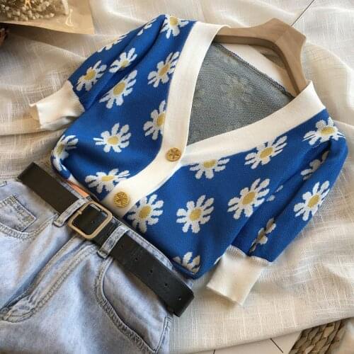 Ladies Cardigan 2021 Summer New Retro Temperament Flower Print Short Sleeve Thin Sweater Knitted Cardigan Pullover