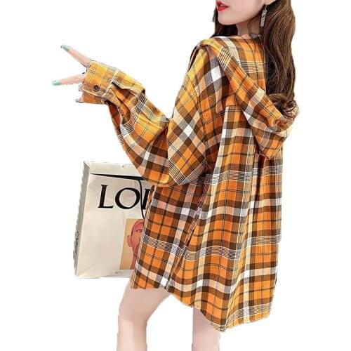Womens Hooded Coat Outerwear Loose Plaid Shirt Tops 2021 Spring Autumn New Long-Sleeved Mid-Length Trench Coat Female Overcoat