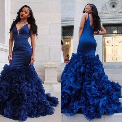 Navy Blue Black Girl Prom Dresses 2021 Vestidos Elegantes De Fiesta Sexy V Neck Mermaid Formal Evening Dress Occasion Gowns