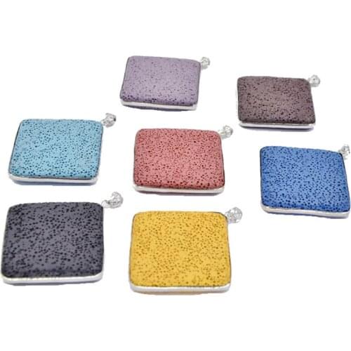 1pc Natural Semi-precious Colorful Volcanic Lava 43~57mm Square Metal Edging Pendant for Jewelry Making DIY Necklace Accessories