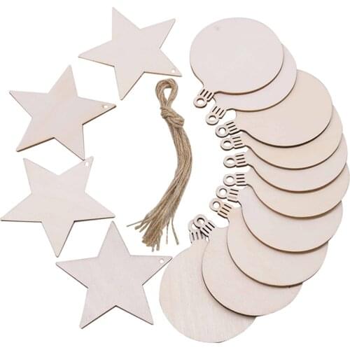 10pcs/set Christmas Blank Round Star Wooden Chip Christmas Tree Hanging Ornament Gift Tag DIY Wood Craft Decoration