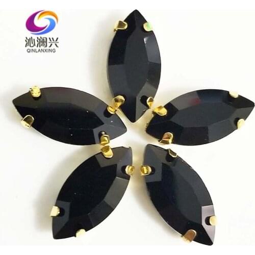 7x15mm/9x18mm/17x32mm Golden bottom Black Horse eye shape Glass Crystal sew on claw rhinestones,Diy Clothing accessories SWMG02