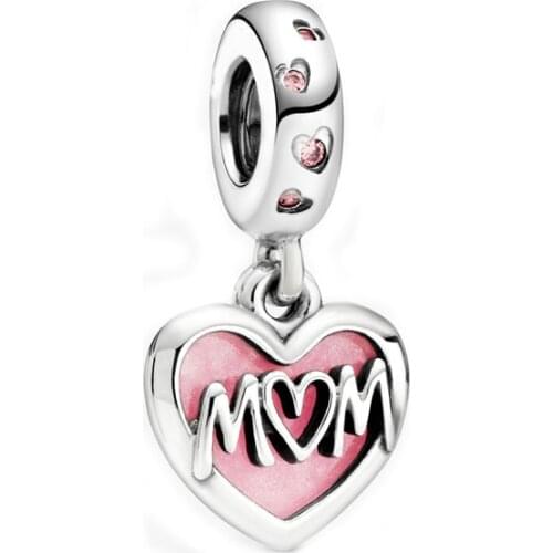 Free Shipping 925 Sterling Silver Mom Script Heart Dangle Charm Fit Original Bracelets For Women DIY Jewelry S925 Beads