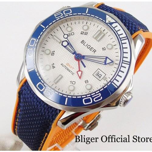 BLIGER Brand Men Watch Automatic Movement Rubber Band GMT Dtae Function Sapphire Glass