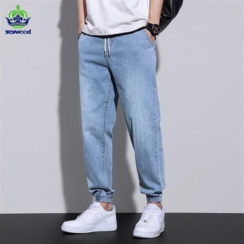 Jeywood Brand Blue Baggy Jeans Men Drawstring Belt Streetstyle Fashion Casual Kpop Clothes Korean Pant Tie feet Biker Trousers