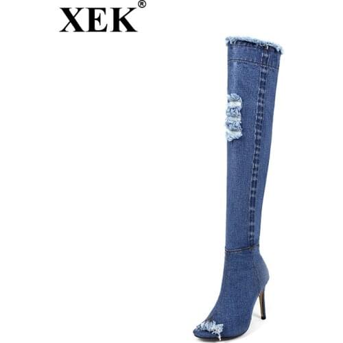 Elastic Jeans Slim Boots Sexy Over The Knee Women Boots Womens Fashion Autumn Peed Toe Thigh High Heels Boots Shoes Woman XC78