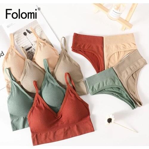 Folomi Women Tops & Thongs Set Seamless Tank Top Ladies G-string Plus Size Bra Set Female Soft Crop Top Lingerie Set Size M-L