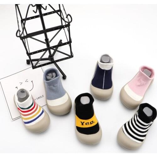 Unisex Baby Girls Boys Shoes Striped Lattice Non-slip Cotton Toddler Floor Socks First Walker Shoes for Newborns 0-5 Years
