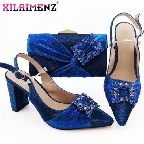 Royal Blue High Quality Woman Luxury Crystal Shoes And Purse Set For Party African Rhinestone High Heels Wedding Shoes And Bag