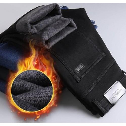 2021 Winter New Mens Warm Slim Fit Jeans Business Fashion Thicken Denim Trousers Fleece Stretch Brand Pants Black