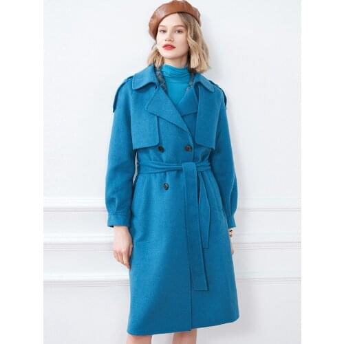 Yinger poem 2021 winter new British style double breasted slim tie mid long woolen overcoat