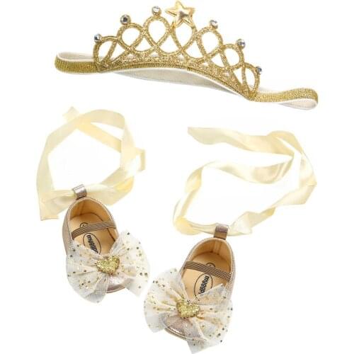 Toddler Baby Girl Shoes Soft Sole Crib Newborn Lace Bow Princess Shoes+Headband 2Pcs Set Infant Cute Party First Walkers SH20016