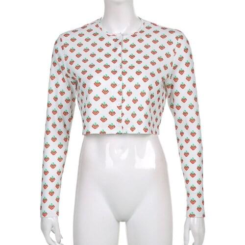 Autumn new style strawberry print short cardigan long sleeve t-shirt