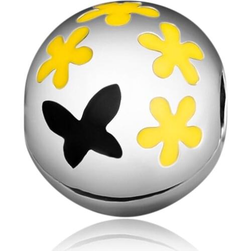 Fits for Pandora Charms Bracelets Daisy pave Clip Beads with Yellow Black Enamel 100% 925 Sterling Silver Jewelry Free Shipping
