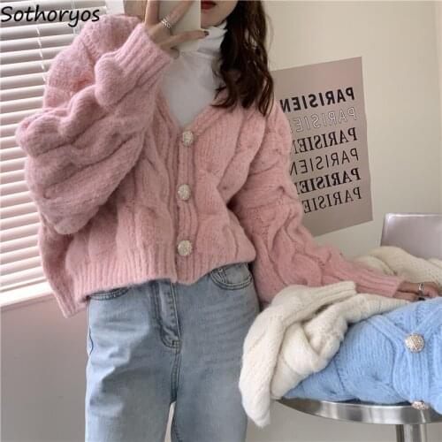 Preppy Cropped Cardigans Women Sweaters V-neck Warm Cozy Knitted Jumpers Teen Girls Loose Thick Simple Solid Knitwear Streetwear