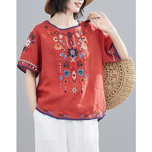 Summer Women T-shirt Vintage Embroidered Loose Ethnic Style Oversize Ladies Tee Shirts Short Sleeve O Neck Tshirt Plus Size Top