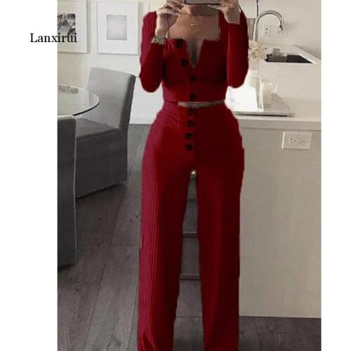 Women Two Piece Outfits Long Sleeve Button Shirts High Waist Wide Leg Pant Fashion Suits for Woman Slim Female Fall Clothing Set