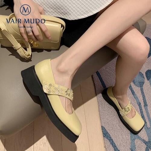 VAIR MUDO Women Pumps Shoes Mary Janes Square Toe Patent Leather Flower Solid Casual Spring/Autumn Yellow Black White ShoesD249L