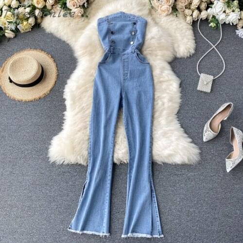 2021 Summer Women Fashion Sexy Strapless Denim Jumpsuits Buttons Sexy Pockets Split Denim Wide Leg Female Jeans Jumpsuit Outfits