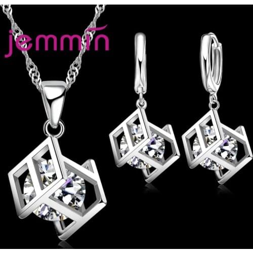New Statement Wedding 925 Sterling Silver Women Geometric Choker Joyas Cubic Zirconia Pendant Necklace Earrings Jewelry Sets