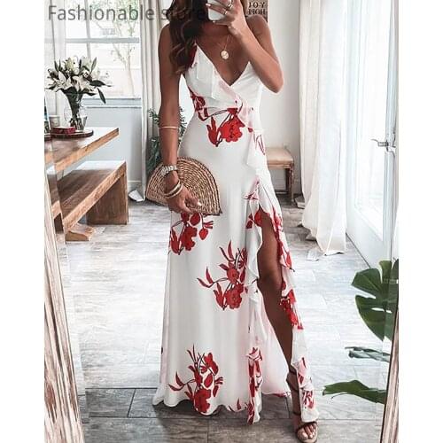 Women Deep V Neck High Slit Floral Print Ruffles Design Irregular Maxi Dress